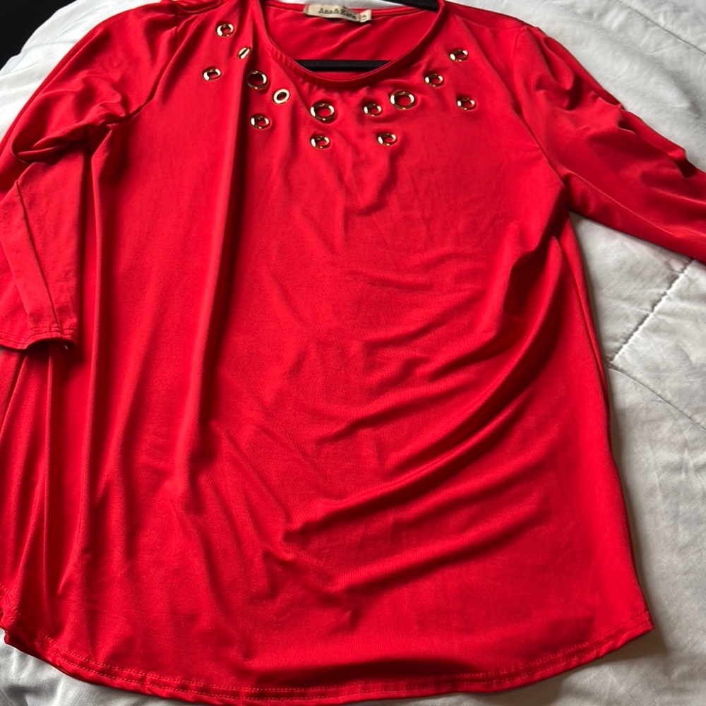 Alfani Red Embellished 3/4 Sleeve Blouse
